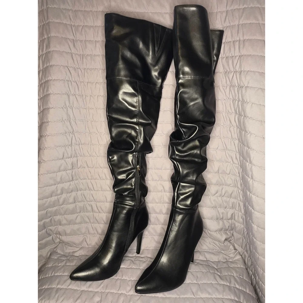 1022 Blk Faux Leather Thigh High Slouchy Stiletto Boots Pointed Toe CANDY-4F 7.5